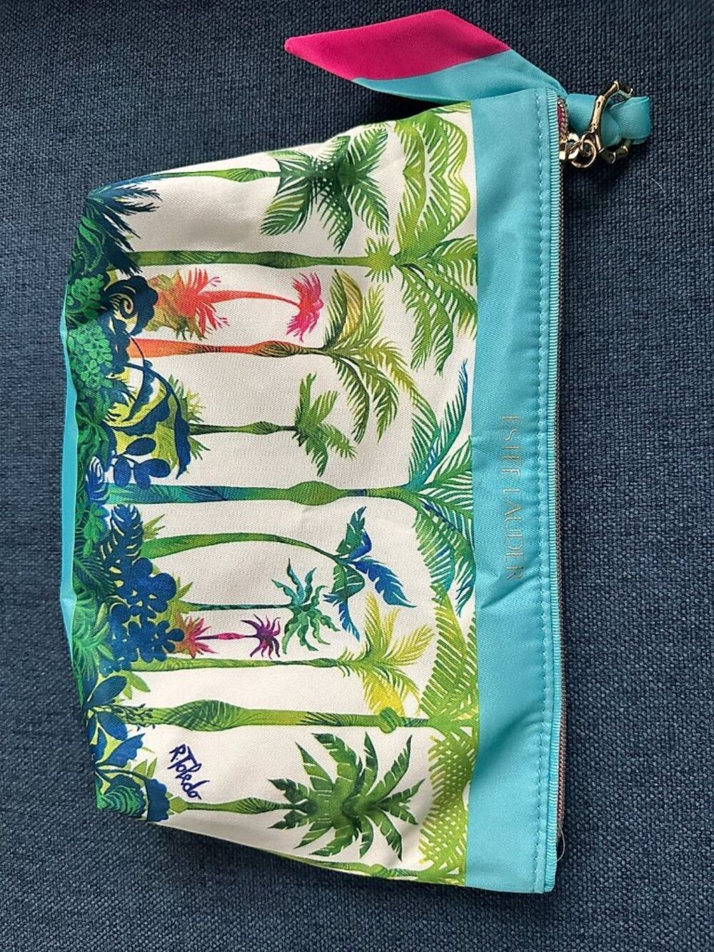 Estée Lauder Signed Ruben Toledo Tropical Palm Print Make-up Bag with Scarf Pull